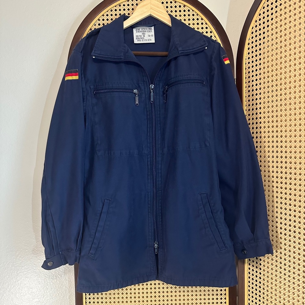 Vintage 80s GMBH Navy Blue Military Jacket Field Coat German Flag Patches Sz L